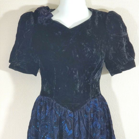 Jessica McClintock Gunne Sax Dress 12 Black Crushed Velvet Blue Prom Cocktail - Picture 3 of 12